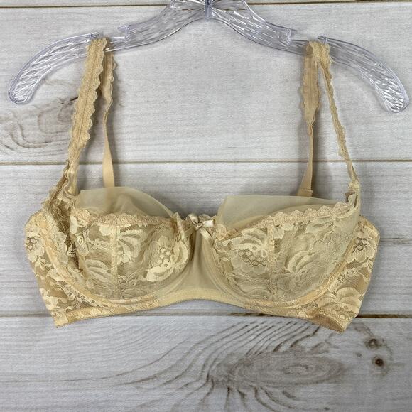 VTG Fredericks Of Hollywood Bra 34DD Beige Lace Underwire Bow Balconette Padded - Picture 1 of 10